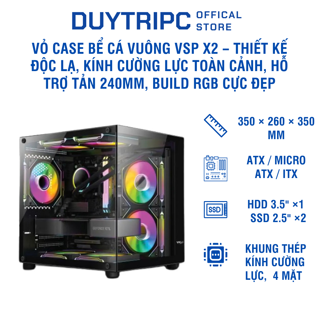 Vỏ Case Bể Cá Vuông VSP X2 – Thiết kế độc lạ, kính cường lực toàn cảnh, hỗ trợ tản 240mm, build RGB cực đẹp